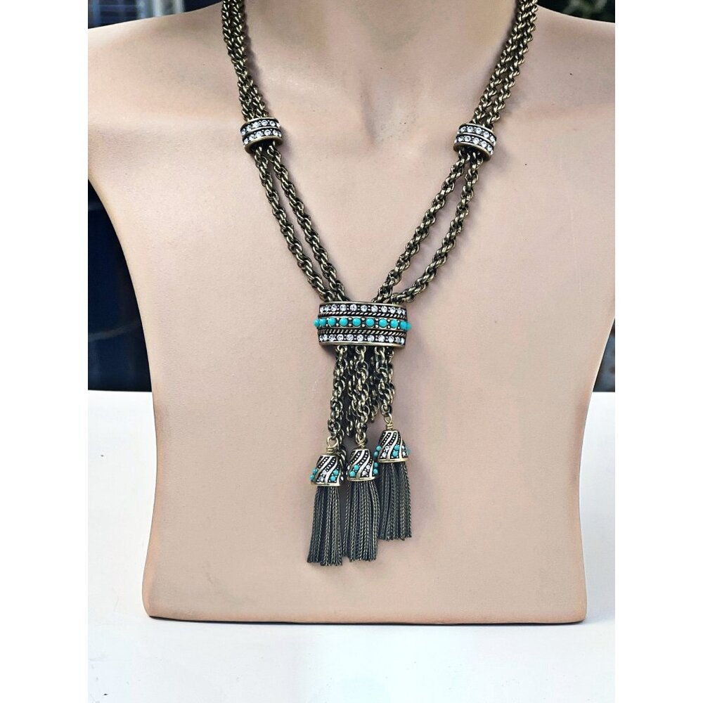 Vintage Turquoise & Crystal Tassel Lariat Necklace By Heidi Daus - Picture 6 of 9